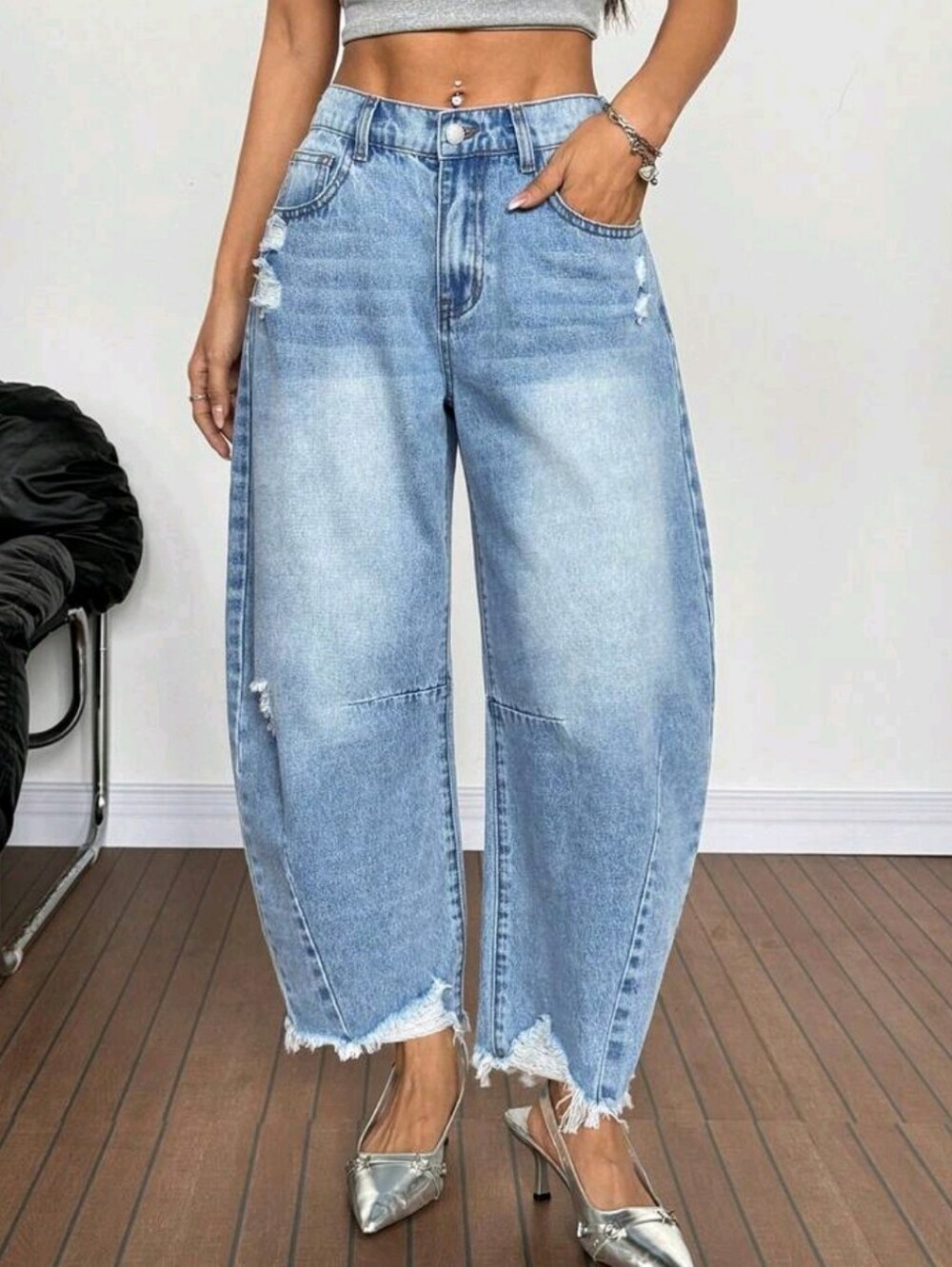Summer PETITE Women's Casual Y2K High Waist Distressed Barrel Jeans